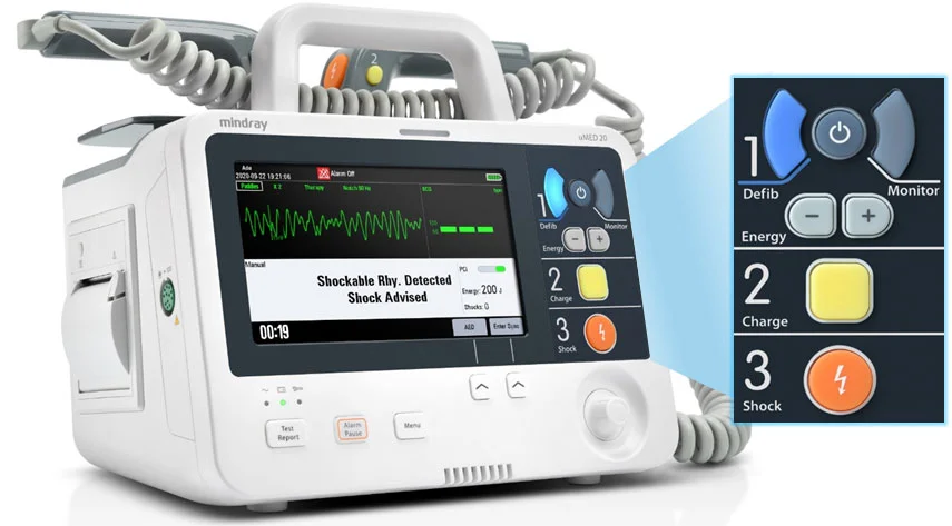 Ручная дефибрилляция с uMED 20 выполняется в три простых шага: выбор энергии, заряд и разряд.